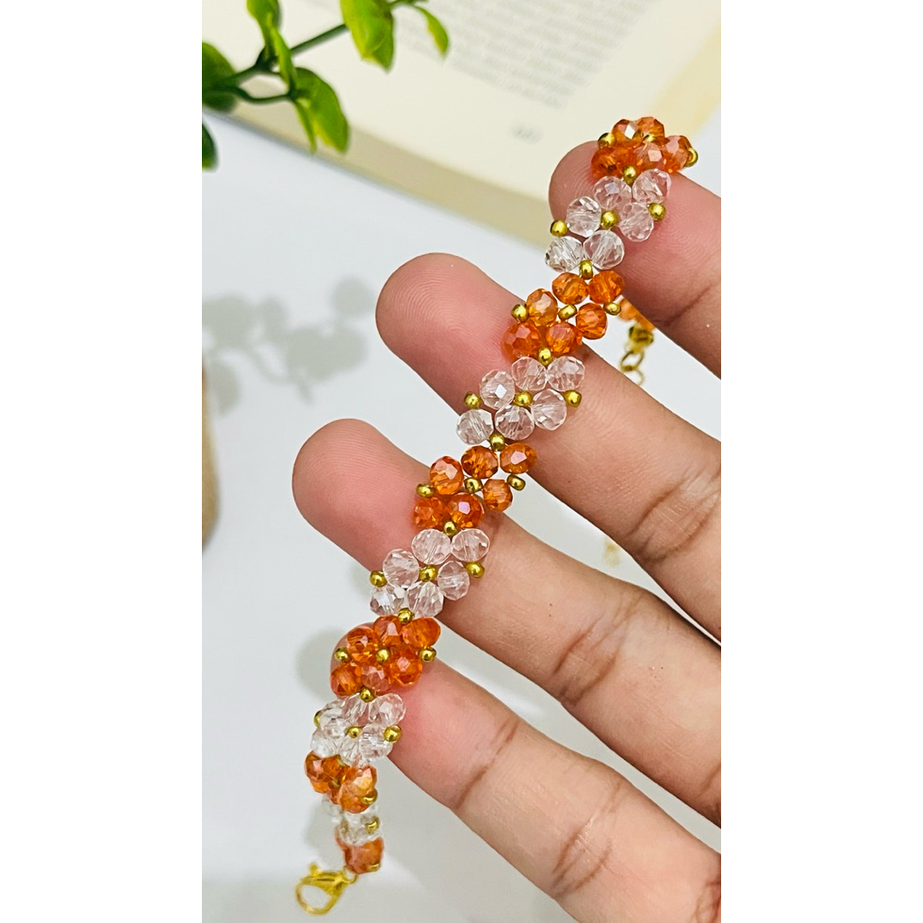 Gelang Kristal Handmade – Bracelet Oranye Putih Bening - gelang manik