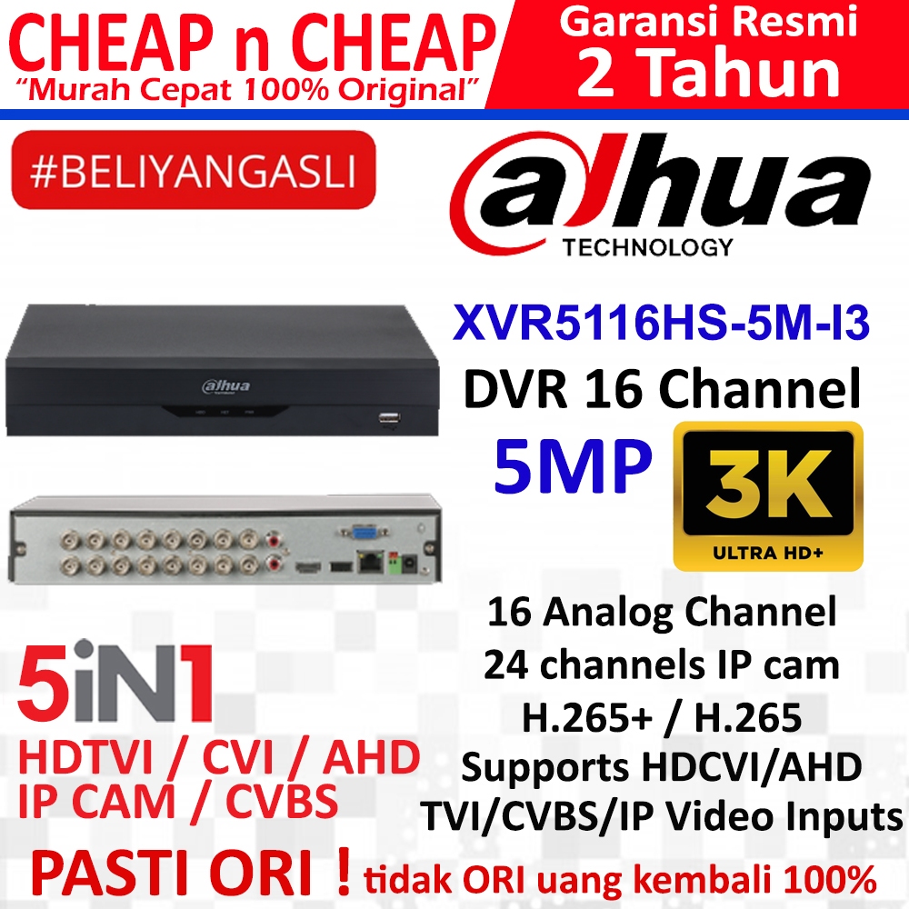 DVR Dahua 16 Channel 3K 5MP DH-XVR5116HS-5M-I3 - CCTV Analog 5 Mega Pixel 4CH 8CH 16CH