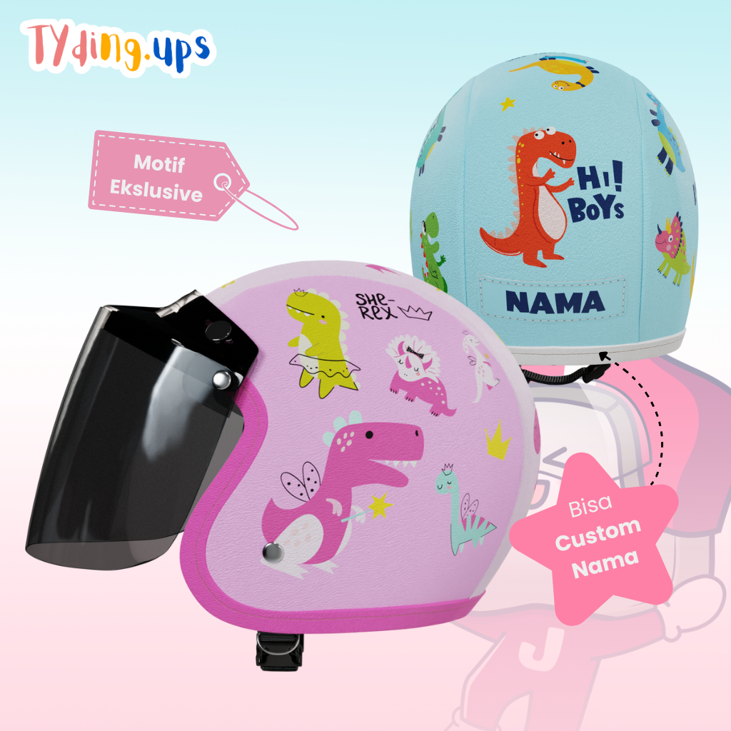 HELM BOGO ANAK UNTUK LAKI-LAKI PEREMPUAN USIA  2-7 TAHUN KARAKTER DINOSAURUS CUSTOM NAMA LUCU MENGGE