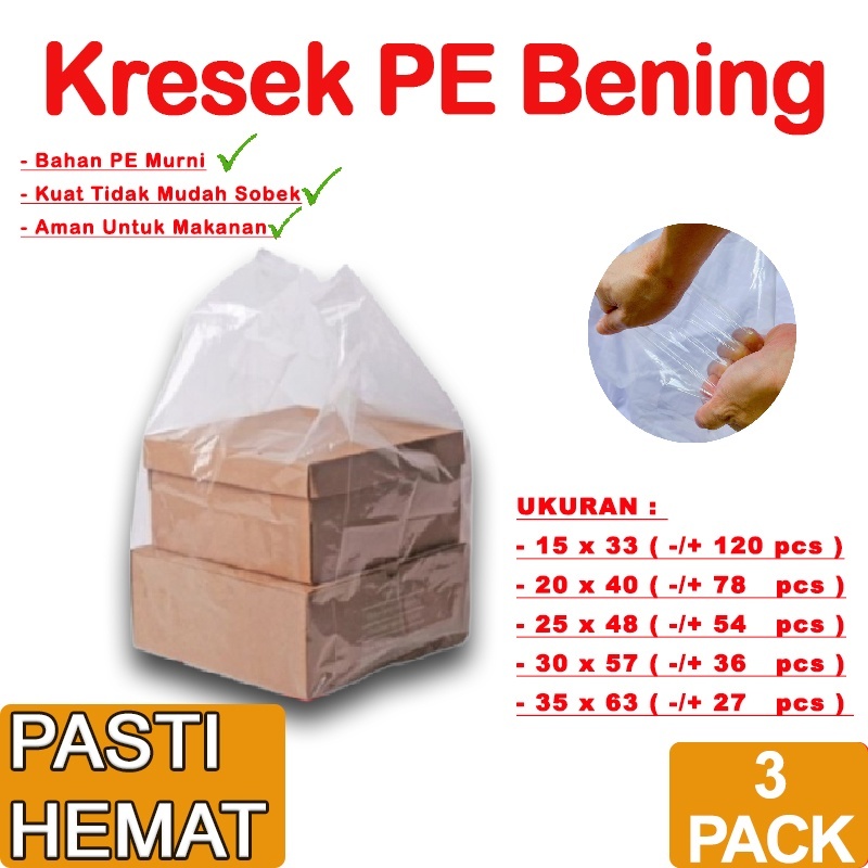 PASTI HEMAT 3 pack Plastik kresek PE Bening | Kantong Kresek PE Bening | Kresek Pe Bening