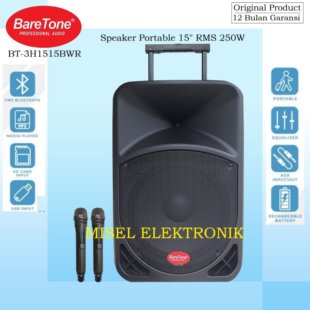 Baretone 15BWR / BT3H1515BWR Speaker / Salon Aktif Karaoke Portable 15 Inch Bluetooth