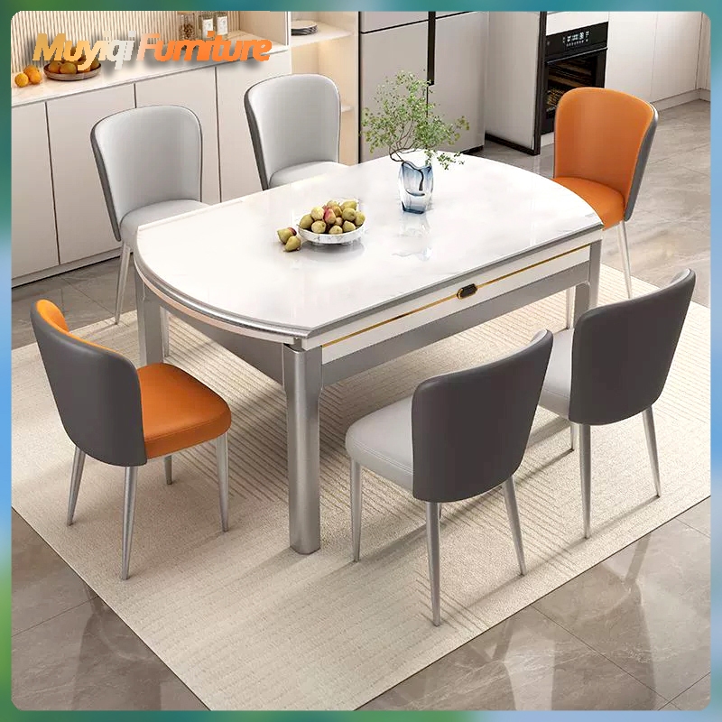 Meja makan marmer lipat sederhana / set meja makan / meja makan batu tulis / meja bundar teleskopik