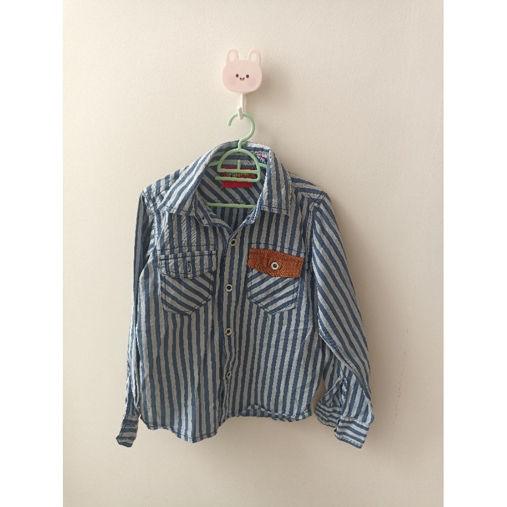 Kemeja anak biru bergaris lengan panjang