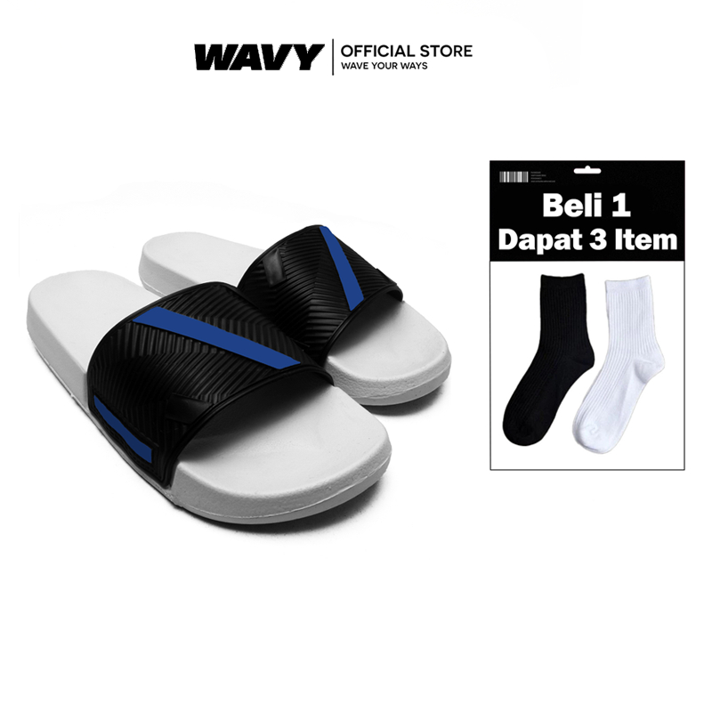 WAVY Sandal Slop Pria Putih Hitam Stride Biru