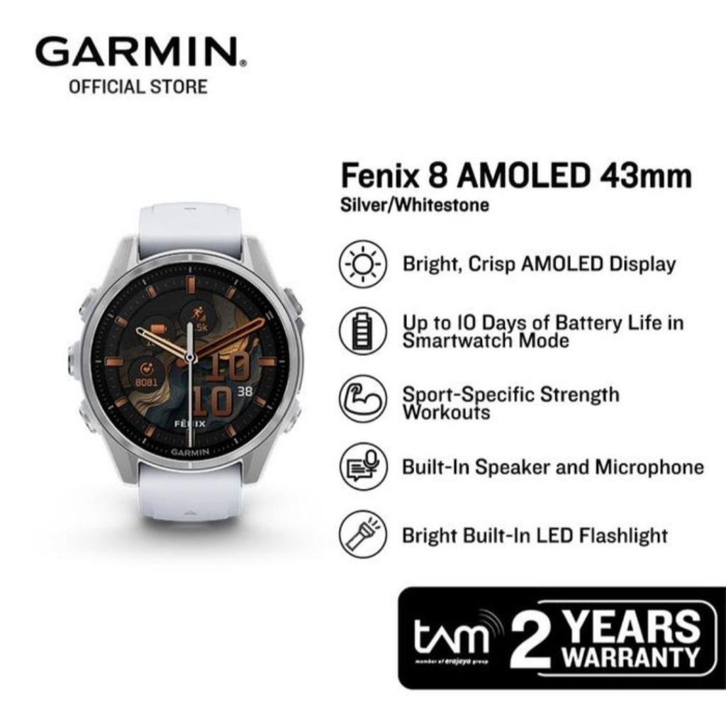 GARMIN Fenix 8 Amoled 43 mm Silver Whitestone Ultimate GPS Multisport Smartwatch Garansi TAM