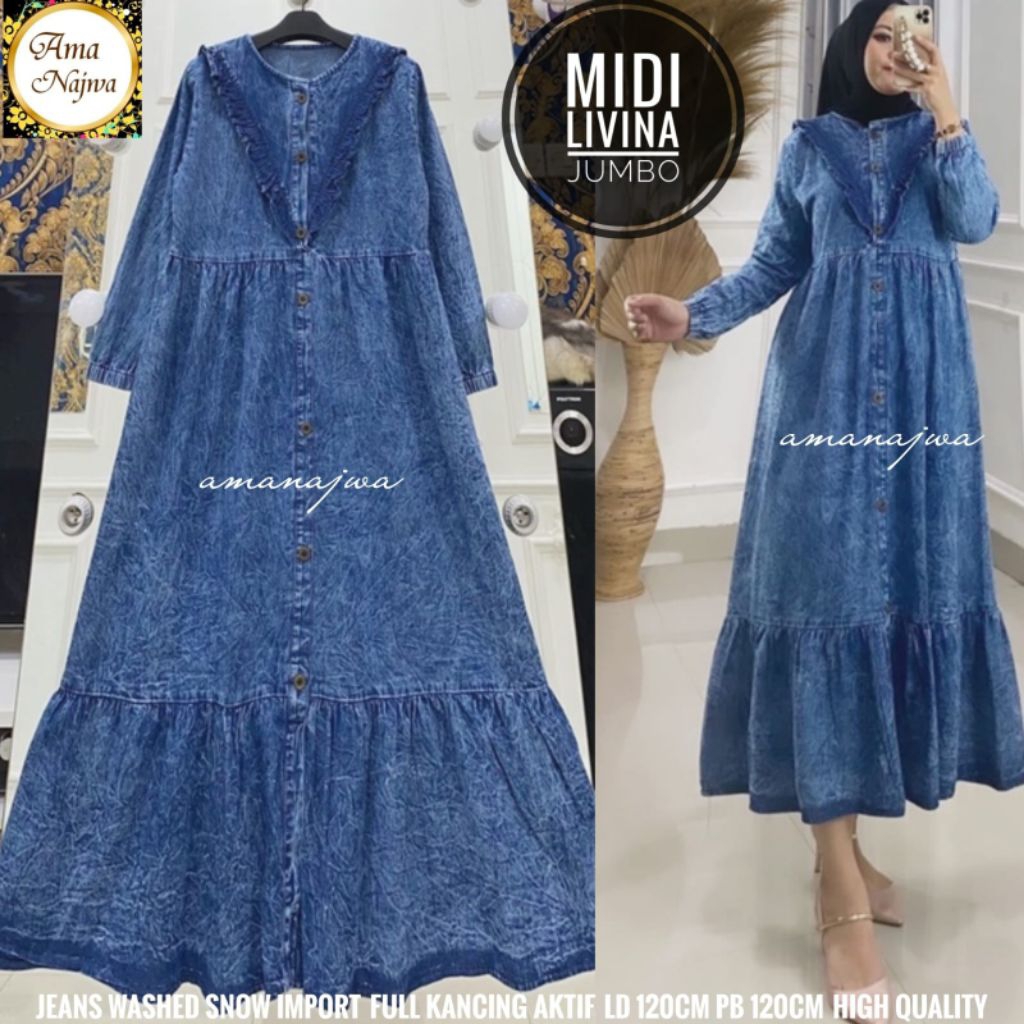 JUMBO LD 120 CM LIVINA GAMIS BAJU WANITA JEANS BY AMANAJWA