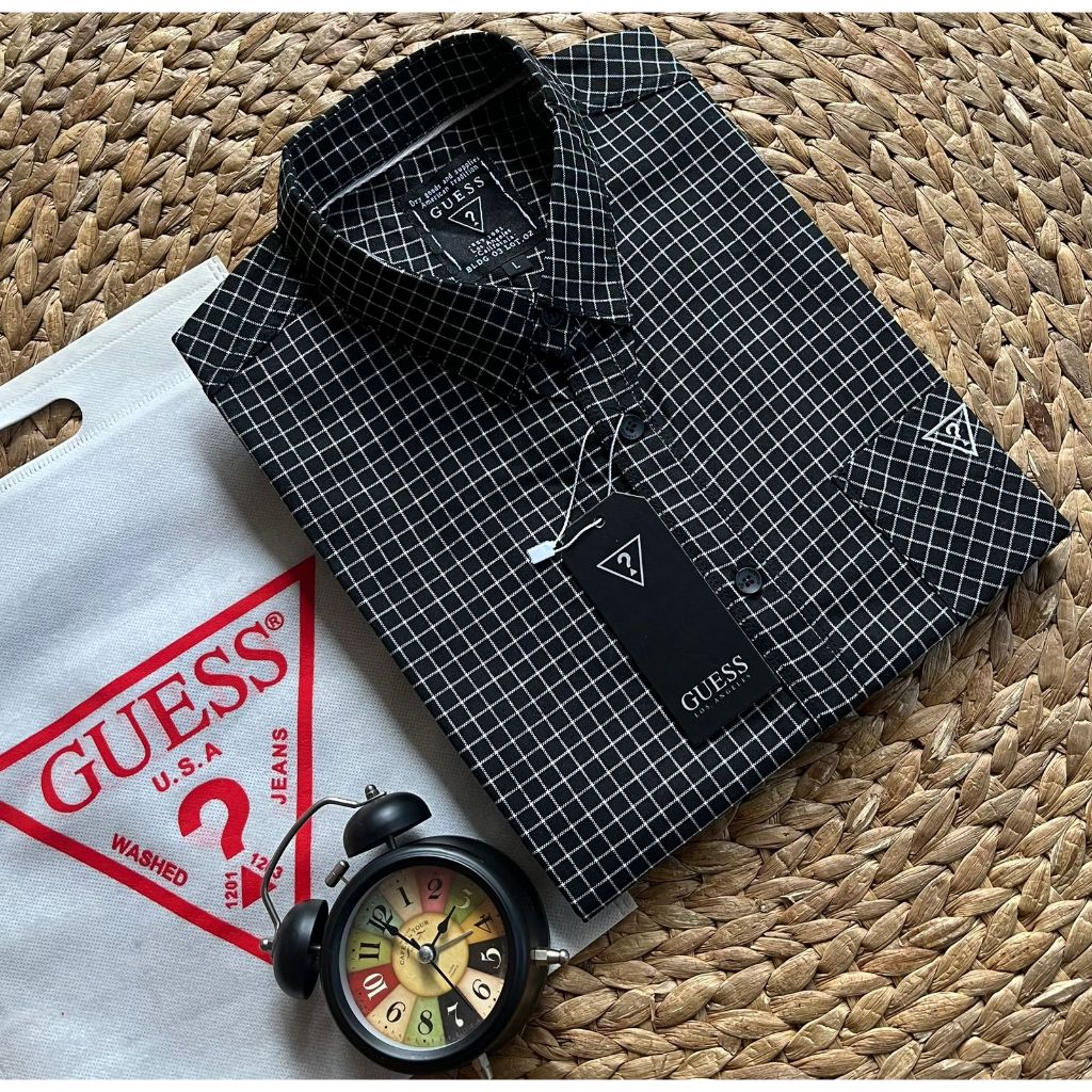 Kemeja Pria Lengan Pendek Formal | Kemeja Kotak-Kotak Guess Original Casual Pria Slim Fitt | Kemeja 