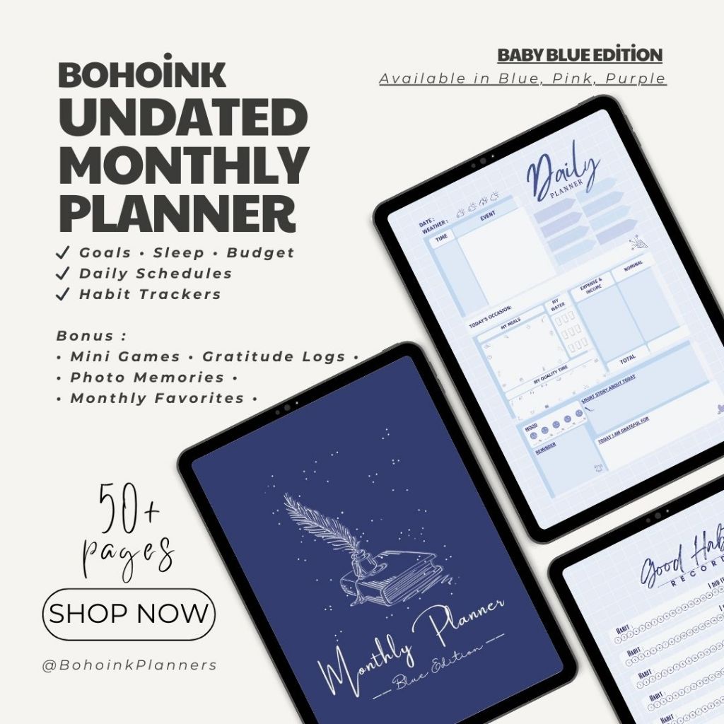 

[BohoInk] Aesthetic Undated Monthly Digital Planner | Habit Trackers, Gratitude Log, Budget Log