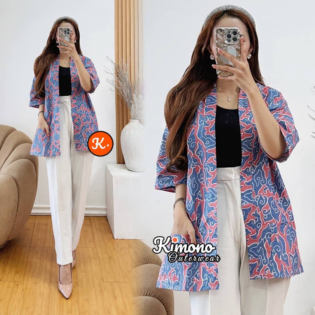 Wolv Kimono Outer Unisex Loose Casual Lengan Pendek Outer Cardigan Pria Etnik Outerwear Tenun