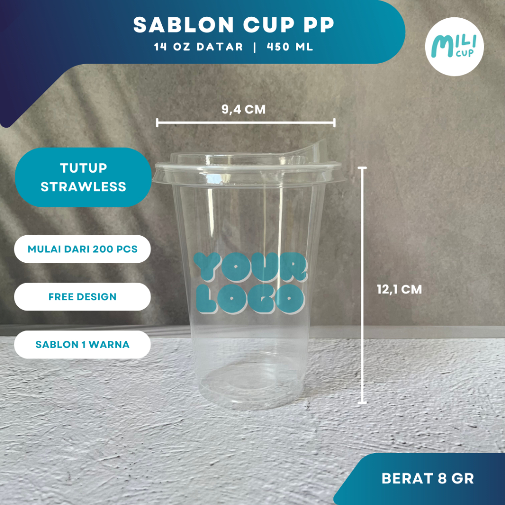 Sablon Gelas Cup Plastik PP 14 Oz Datar / Oval + Tutup Strawless / Tanpa Tutup