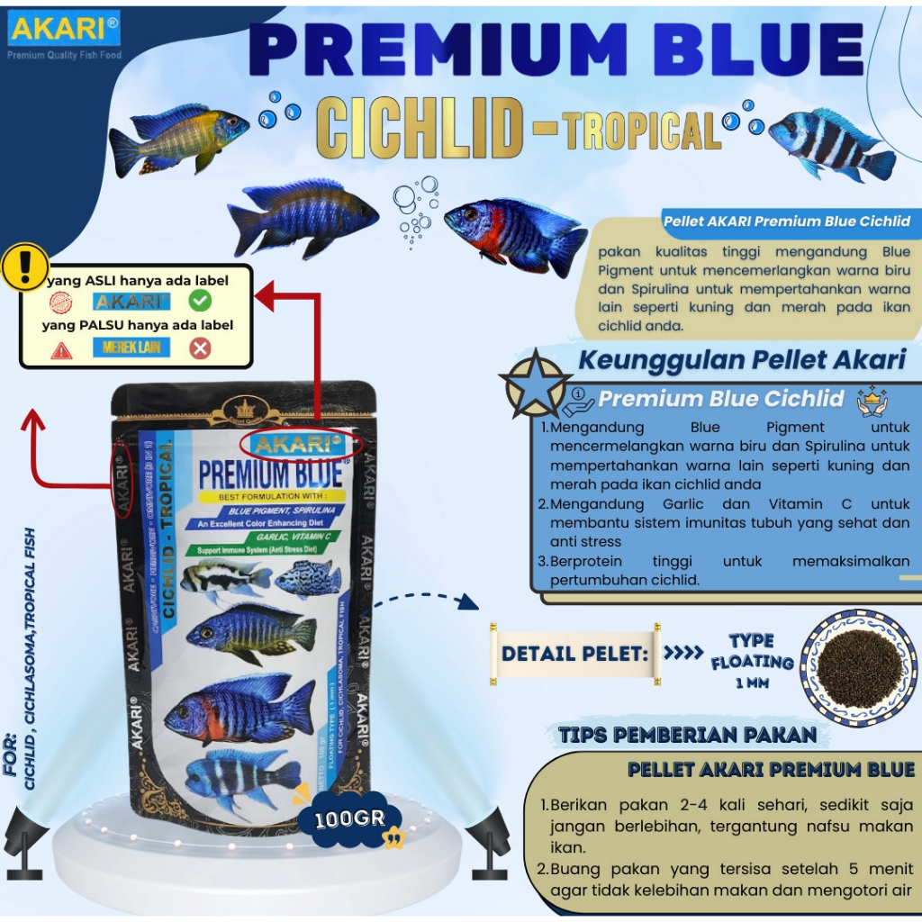 expired 2028 PELET AKARI PREMIUM blue 100 GRAM PELET CICHILD CHANNA