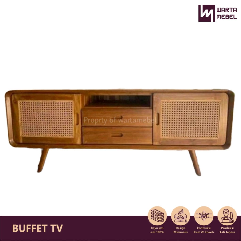 Rak TV Kayu Jati Asli - Furniture Ruang Tamu Minimalis Retro Scandinavian