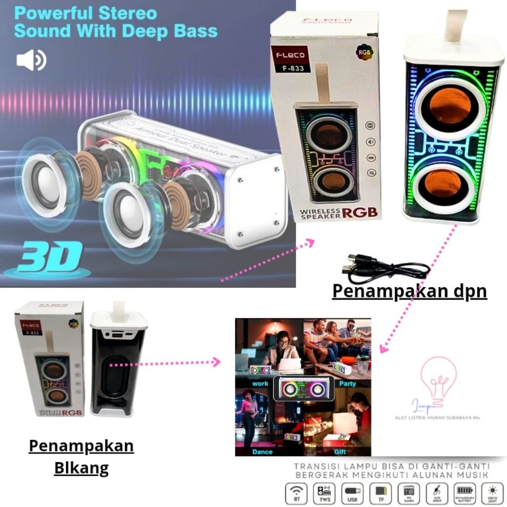 Wireless Speaker RGB Fleco F-833 Speaker Bluetooth Super Bass