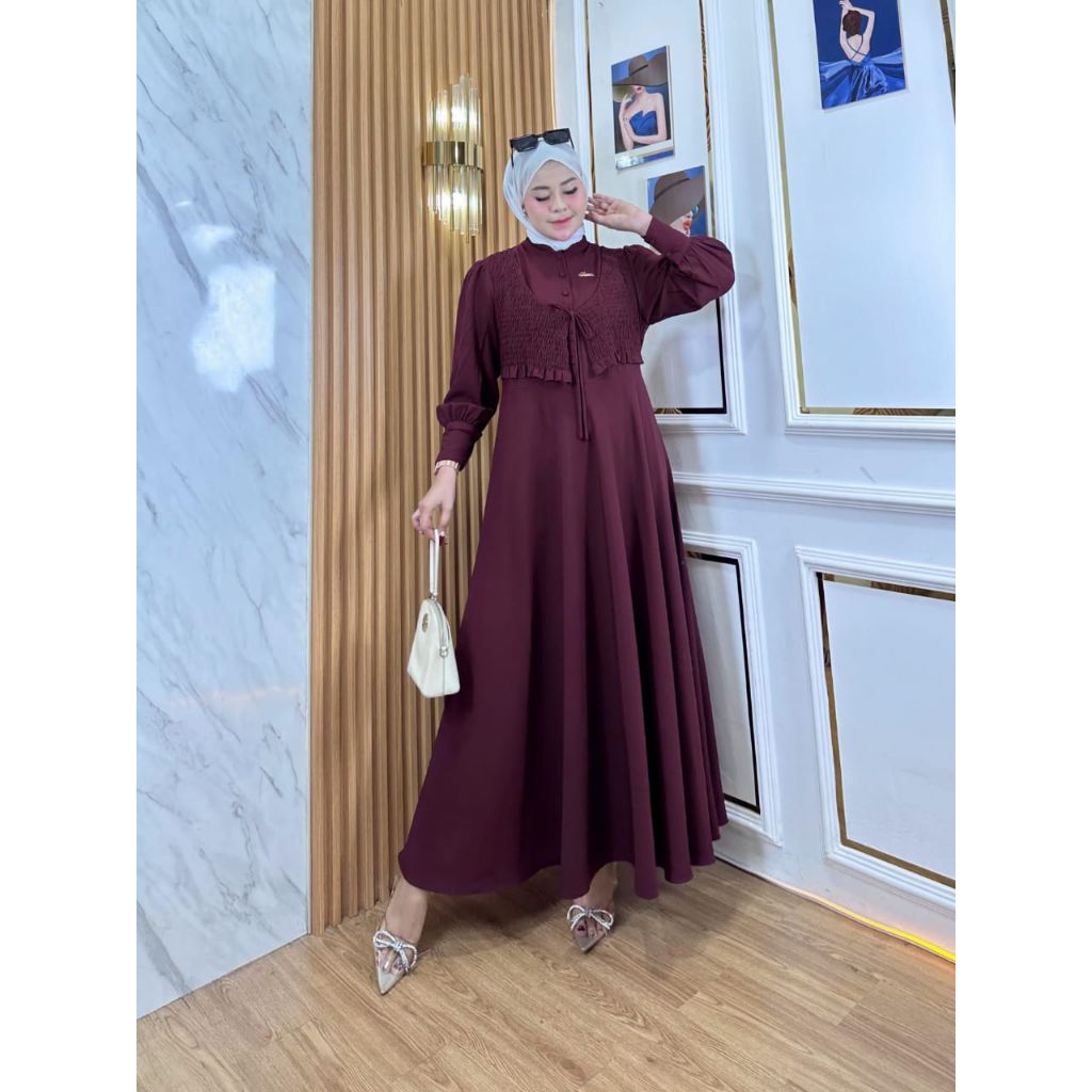 Fanalia Gamis Wanita Rompi Smoke Bahan Ity Crepe Premium Busana Muslim Modern Long Dress Elegan Modi
