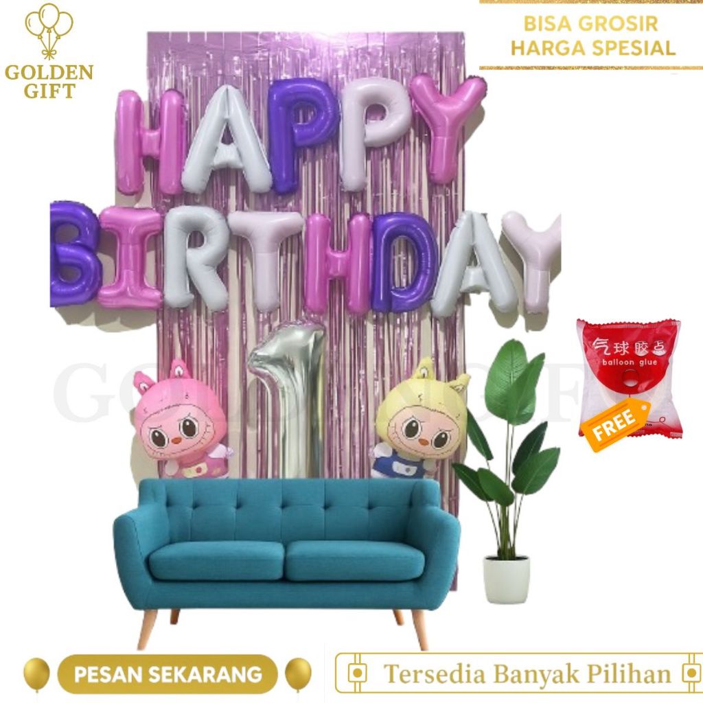 Paket dekorasi balon ulang tahun Tanpa Tirai Hellokitty dan labubu Set deekorasi simpel dan Hemat