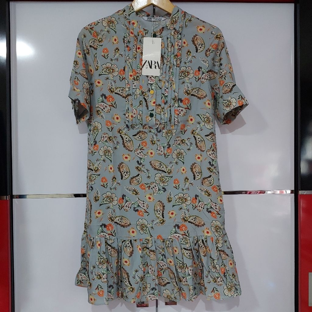 Long Chiffon Blouse / Dress Woman Zara / Dress Wanita Dewasa Motif Batik Bunga Sage Hijau Green