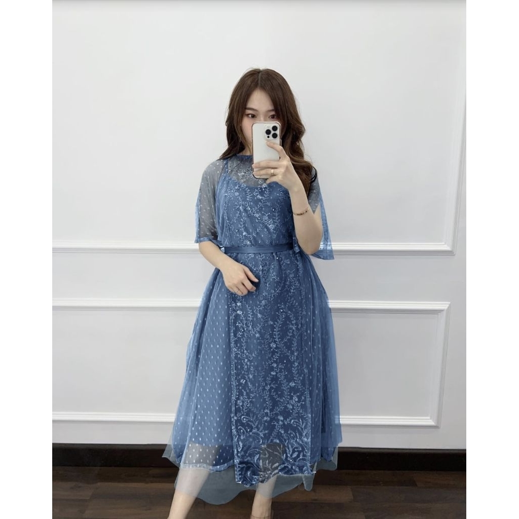 Chrismas Dress Pesta Wanita Terbaru Lorenza Size M L XL Gaun Natal Brokat Tile Bordir Mewah Baju Kon