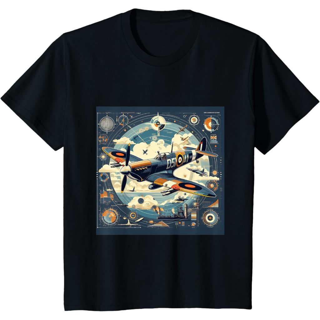 Baju kaos anak Spitfire RAF Supermarine WW2 Fighter Plane Infographics T-Shirt