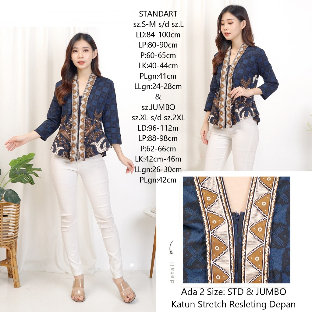 Baju Atasan Blouse Batik Wanita Lengan 7/8 Model Kutubaru Blus Tradisional Kekinian Kebaya Modern Ke