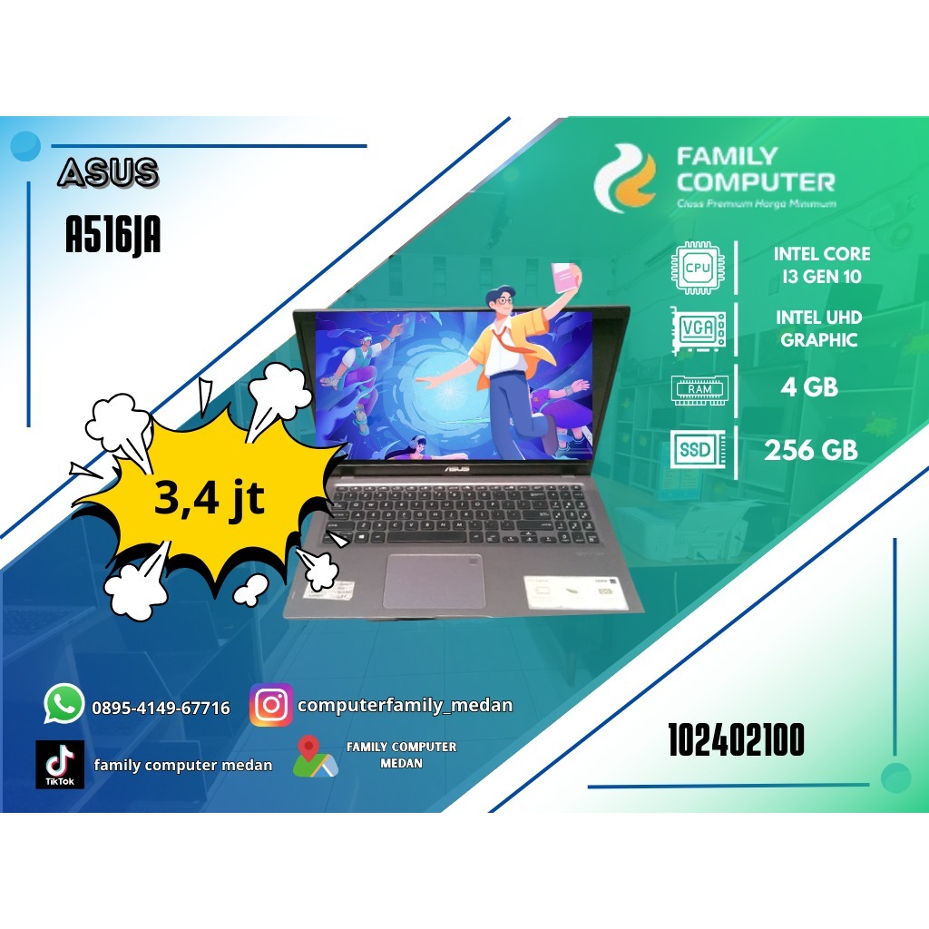 ASUS A516JA | INTEL CORE I3 GEN 10 | INTEL UHD GRAPHIC | 4GB | 256GB