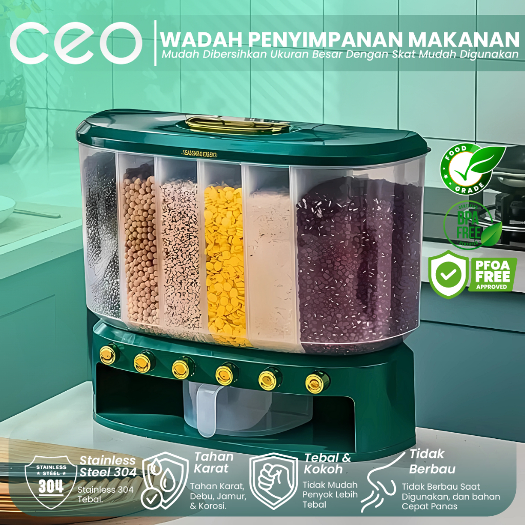 CEO Wadah Penyimpanan Bahan Makanan Biji Bijian dan Beras Dispenser Beras 6 Sekat Plastik Abs Tebal