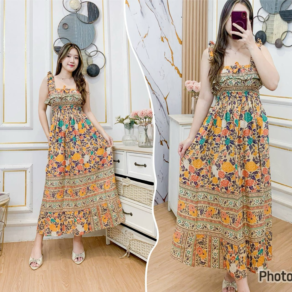 Daster Bali Alya Dress//Daster Panjang Rayon Motif Lengan Pendek