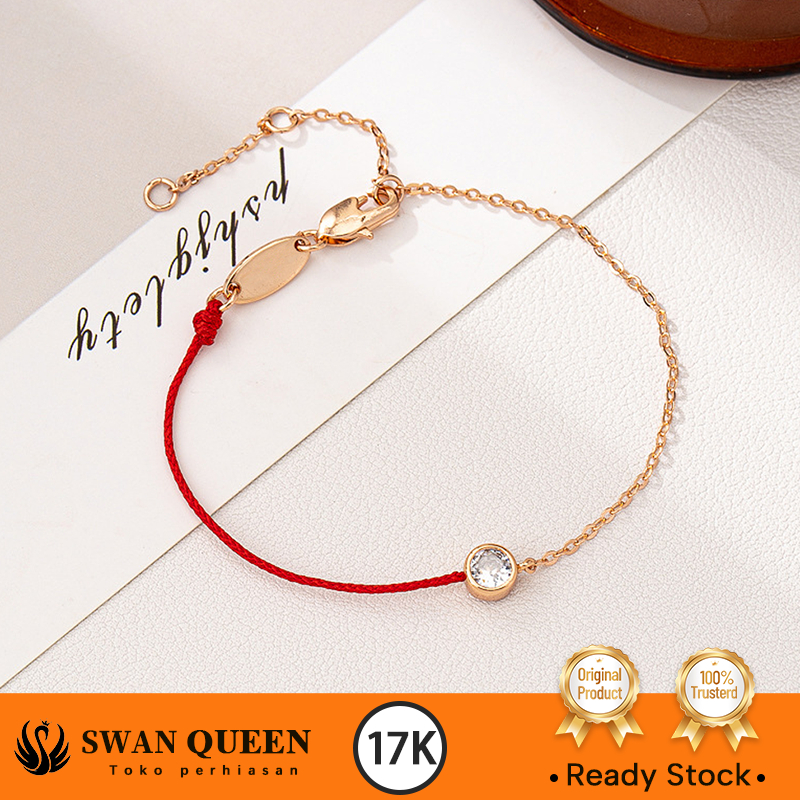 Gelang Kaki Emas Berlian Jalinan Tali Merah Rose Gold 17K