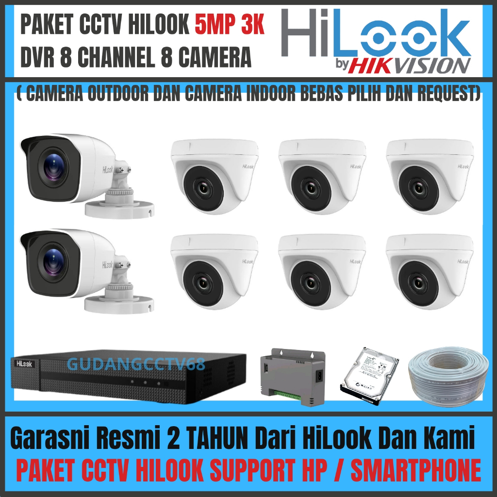 Paket Cctv HiLook 5MP DVR 8 Channel 8 Camera Hilook 5mp Turbo HD 2560P / 3K Paket Cctv Komplit