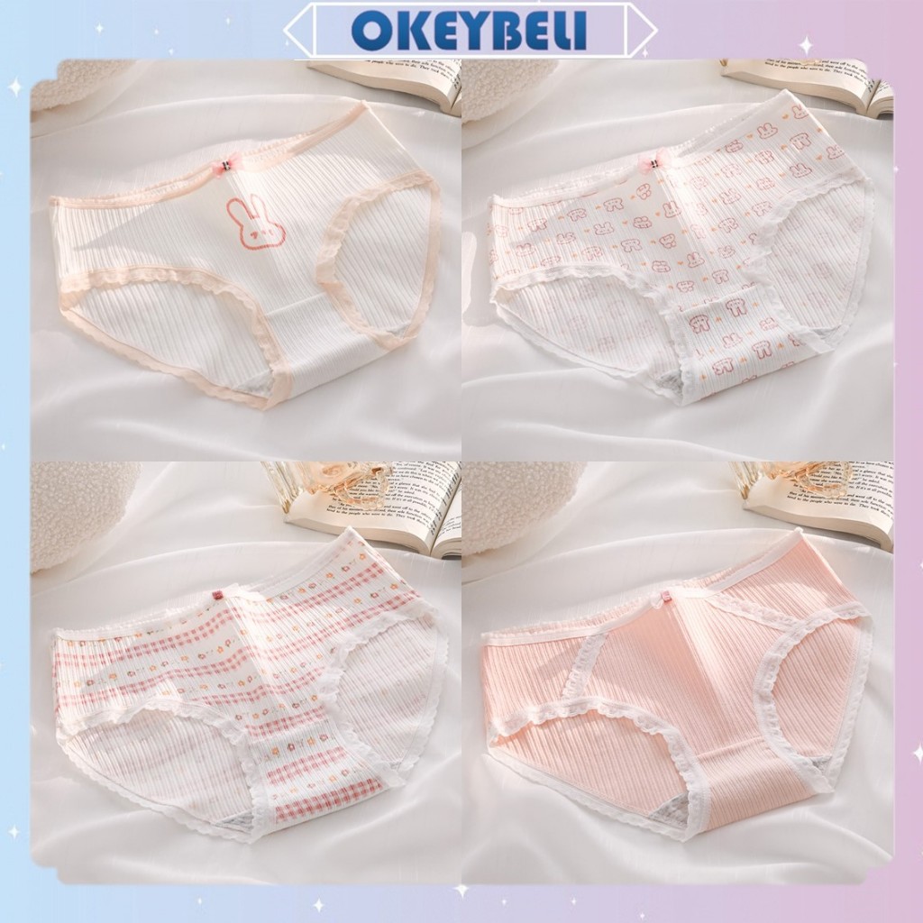 •OKEY BELI•CD2149 CD Celana Dalam Katun Renda Pita Wanita Rabbit Head Pink Putih Menyerap Keringat