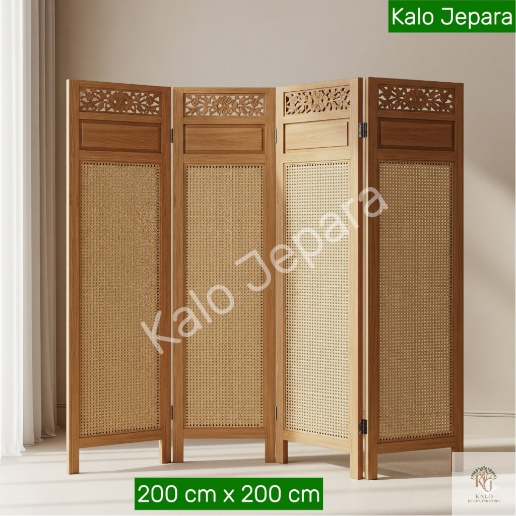 Sekat Ruang 4 Pintu Lipat Rotan Jati Minimalis Modern Partisi Kamar