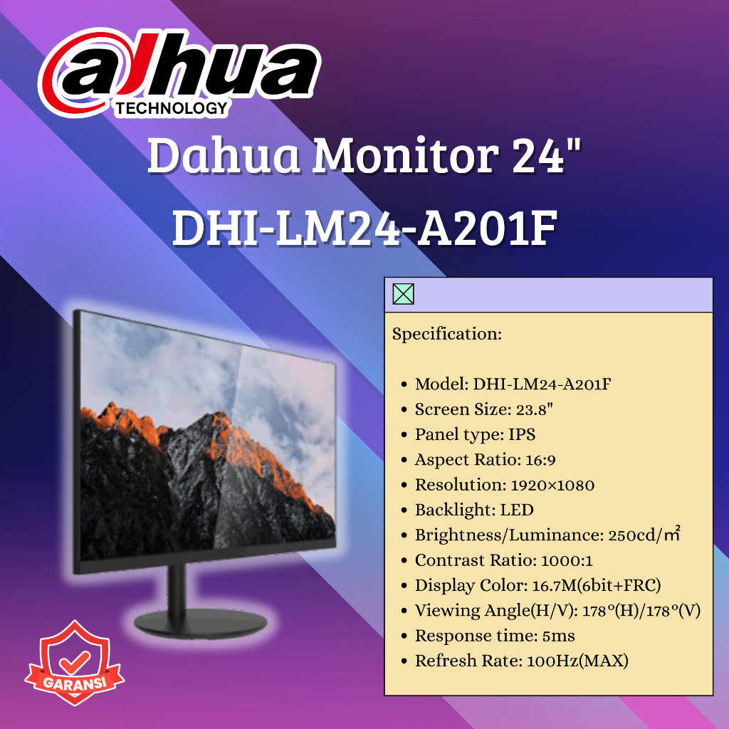 DAHUA DHI-LM24-A201F MONITOR 24" FHD 100Hz VGA HDMI LED