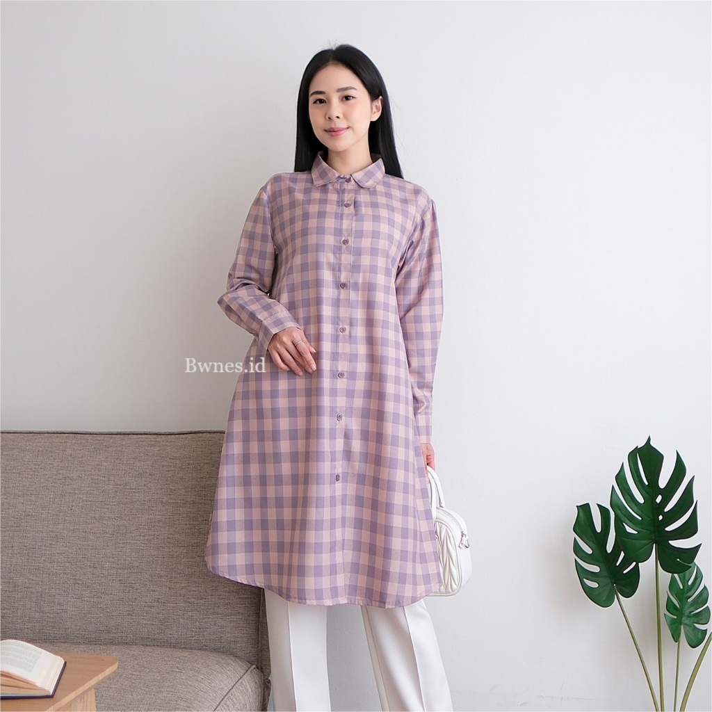 Tunik Wanita Motif Kotak Lengan Panjang Bahan Nyaman Cocok untuk Casual dan Muslimah