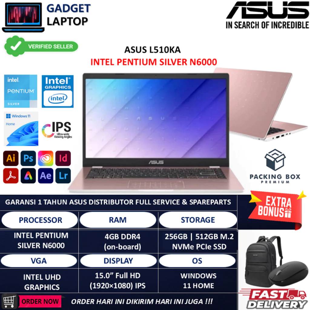 Laptop ASUS L510KA Intel Pentium Silver N6000 4GB | 512GB SSD 15.6 FHD WIN11HOME Rose Pink