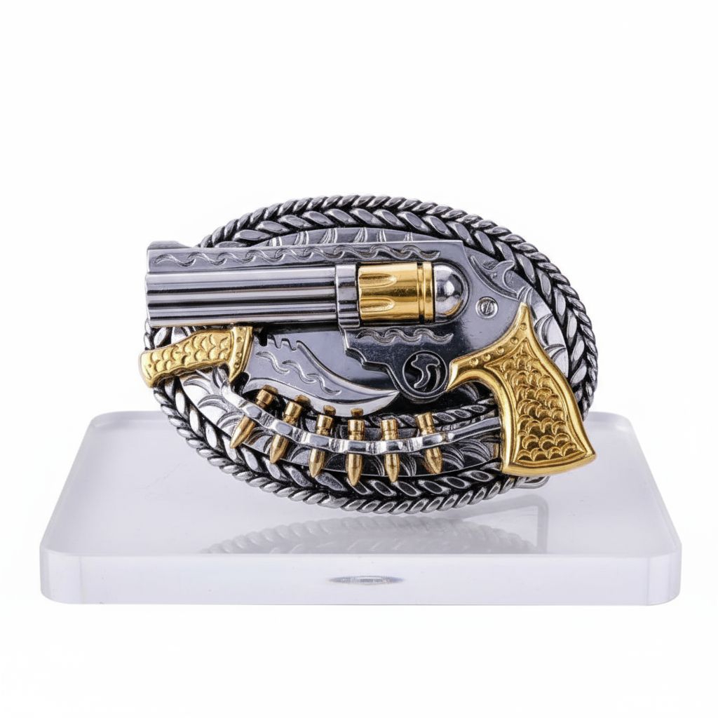 kepala ikat pinggang stainless motif pisau + pistol + peluru