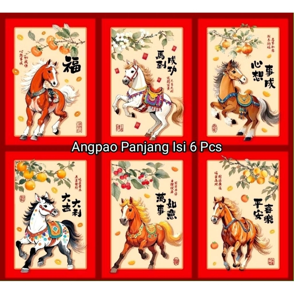 

Angpao Panjang Imlek 2026 Tahun Kuda Isi 6Pcs Ukuran 9X16Cm Amplop Merah Motif Timbul