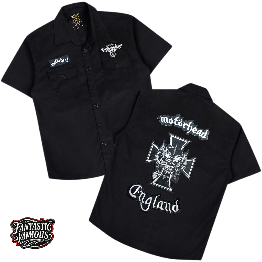 Workshirt motorhead/Kemeja Workshirt Patch Bordir/Kemeja Unisex Hitam bahan american driil size (M-L