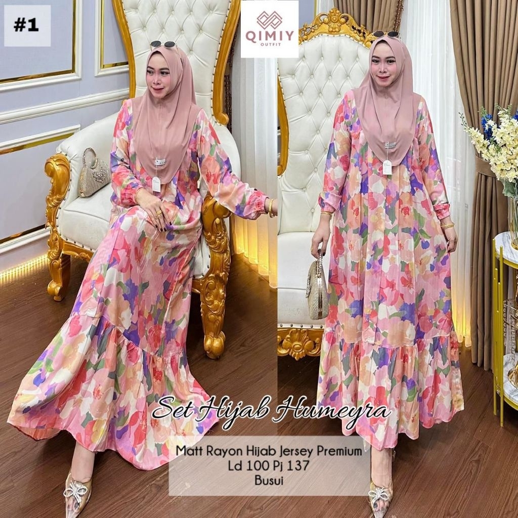 MEISA - Humeyra Clara Belle Syanina Etta Diana Set Hijab / Gamis Rayon Motif + Bergo Jersey Terbaru