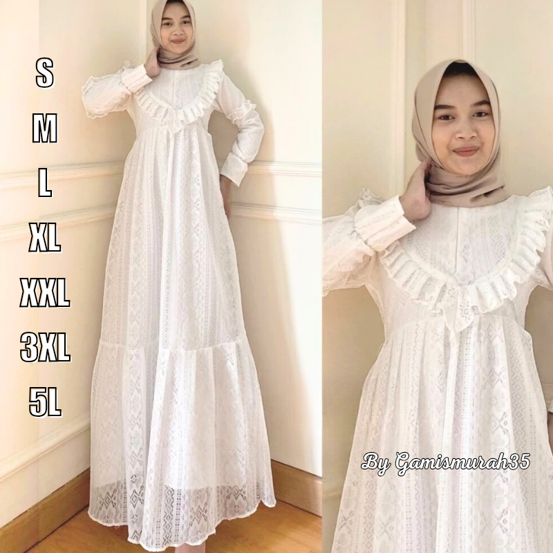 Malika Baju Dress Gamis Putih Wanita Muslim By ARRALUCE Kekinian Terbaru ARL 048 / Gamis Brukat Brok