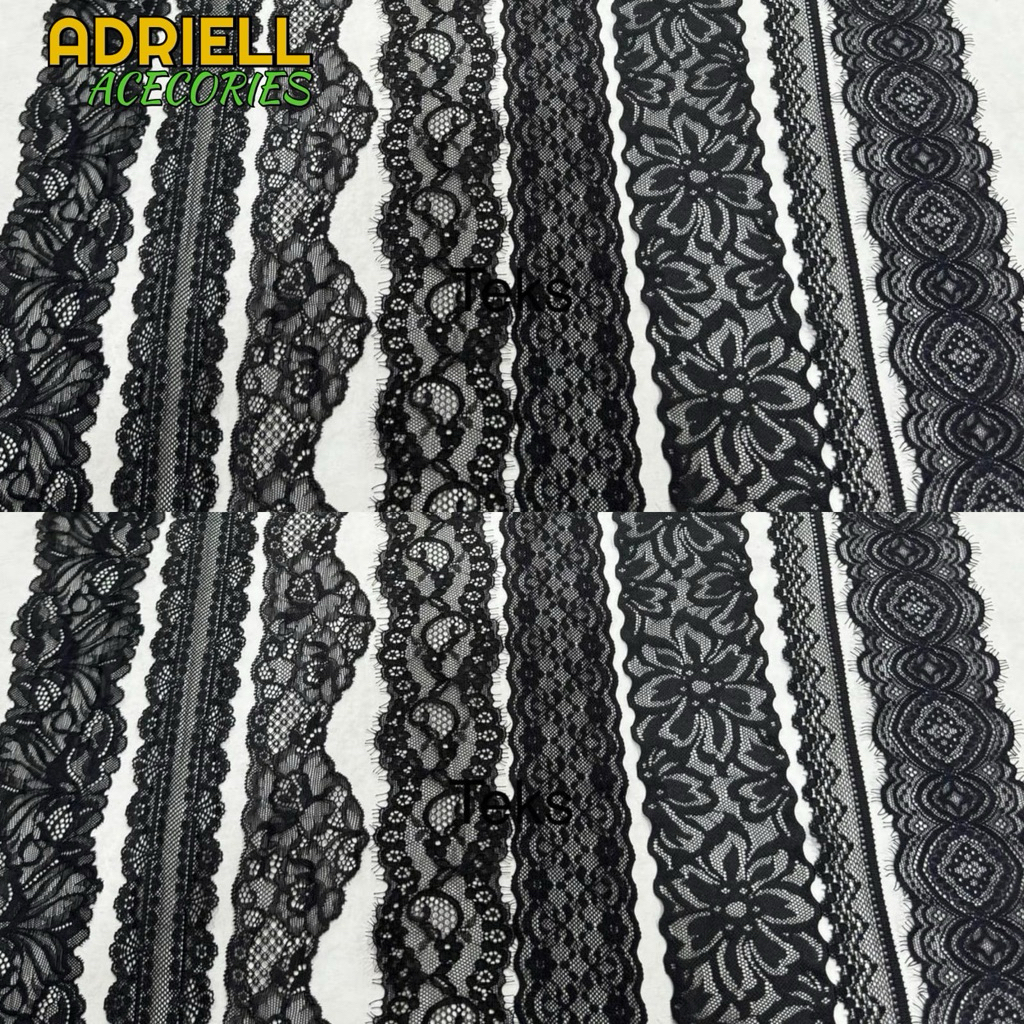 Renda Stretch Elastis Lebar 3cm-10cm Warna Hitam Harga Permeter
