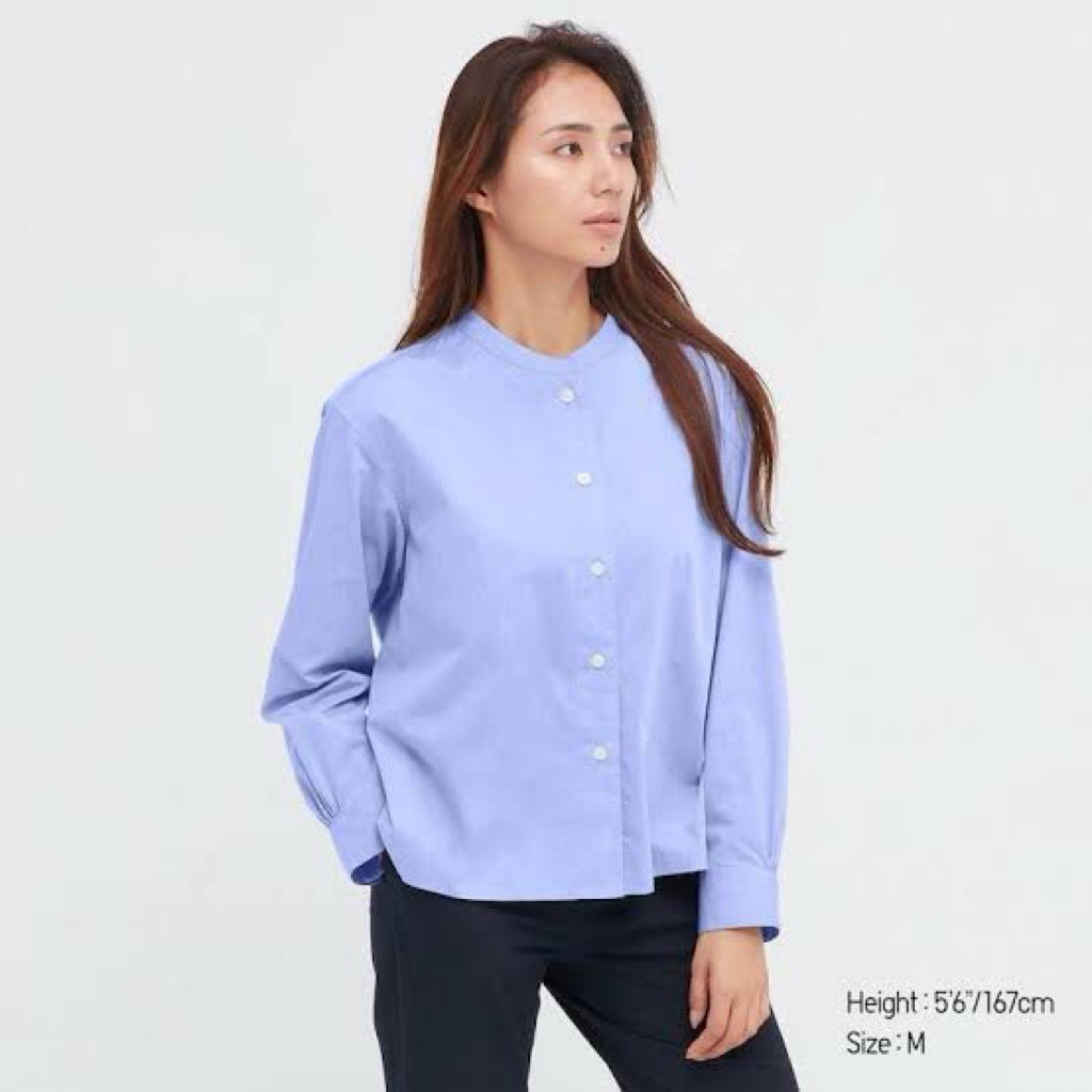Kemeja Uniqlo Katun Kerah Shanghai Blue Denim New Original