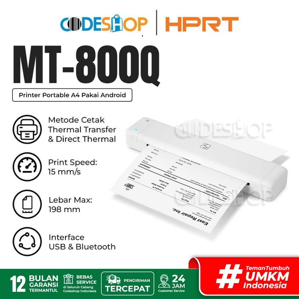 HPRT MT800Q Portable Thermal Printer MT 800 MT-800Q Print Cetak Kertas A4 Inkless Bluetooth USB