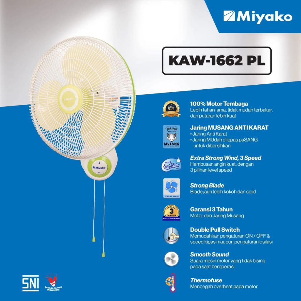 MIYAKO WALLFAN KIPAS ANGIN DINDING 16" INCH MIYAKO KAW-1662 PL