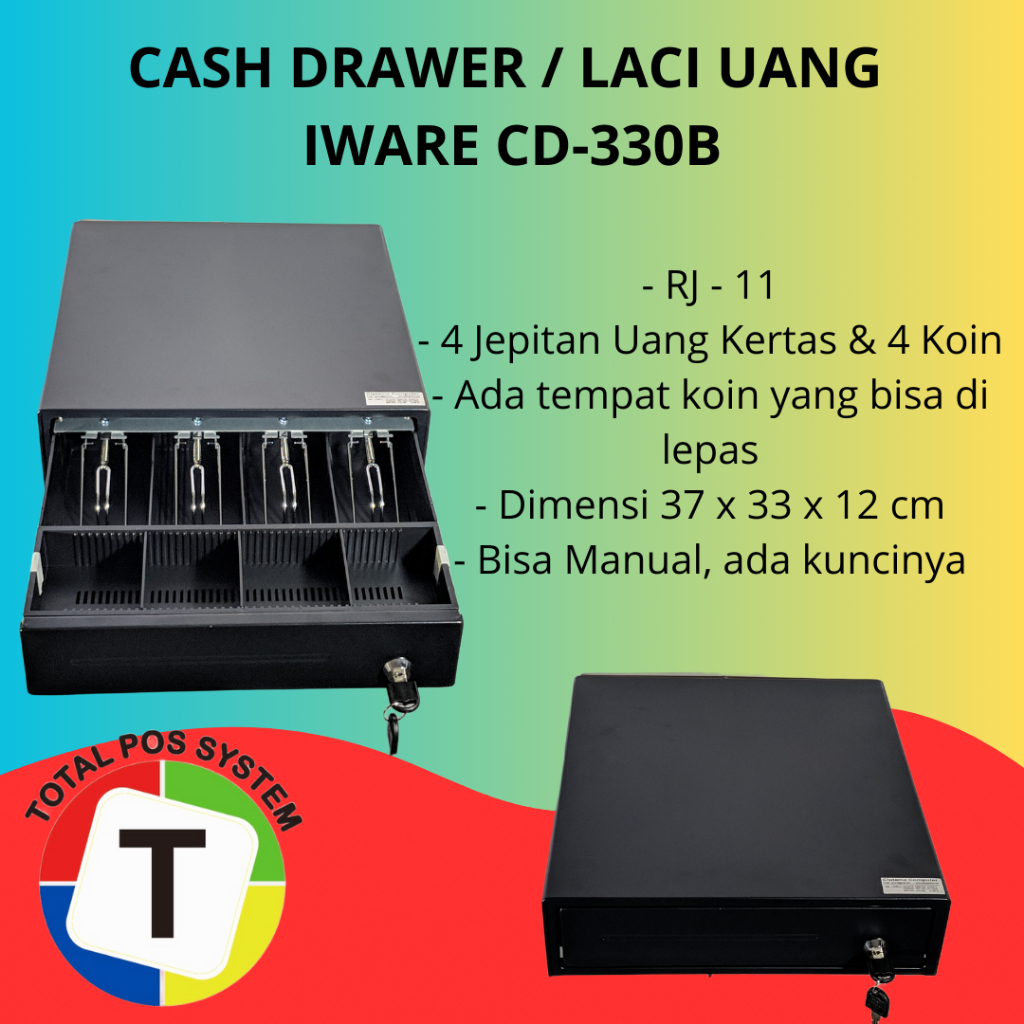 Laci Uang Cash Box Cash Drawer Iware CD-330. 4 Bill & 4 Koin RJ 11 Manual & Auto. Perlengkapan Kasir