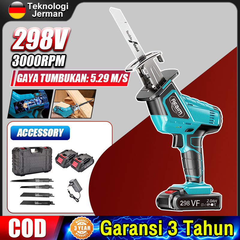Reaim Mesin Reciprocating Saw Cordless Gergaji Kayu Besi Baterai Koper Alat  Pemotong Gergaji Kayu