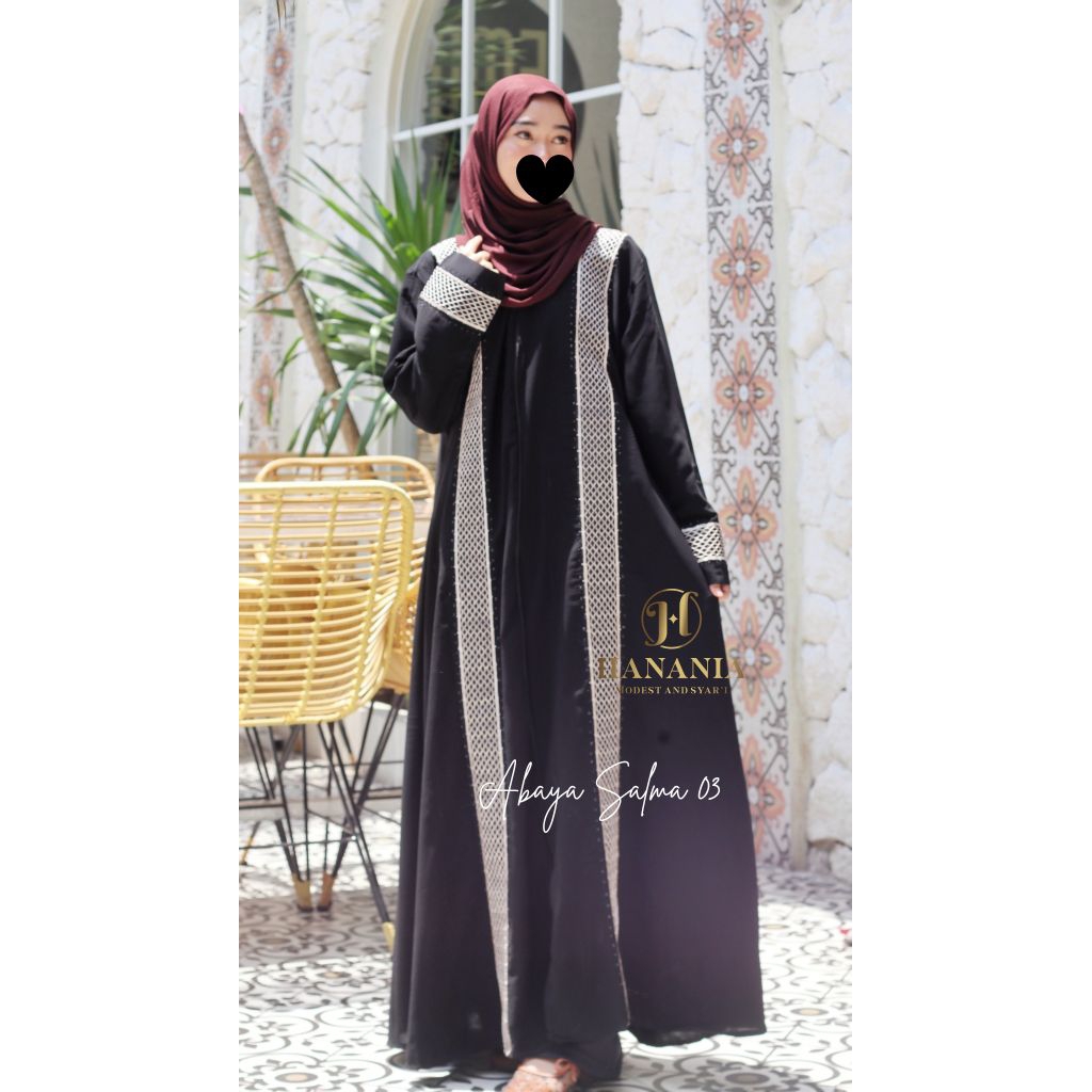 Abaya Salma jetblack / gamis hitam umroh / abaya hitam resleting / abaya muslim terbaru lebaran