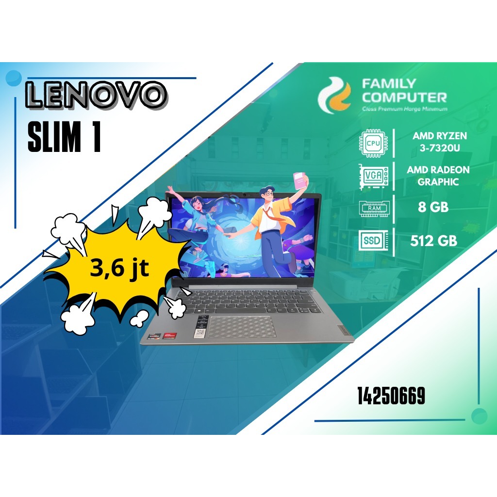 LENOVO SLIM 1 | AMD RYZEN 3-7320U | AMD RADEON GRAPHIC | 8GB | 512GB