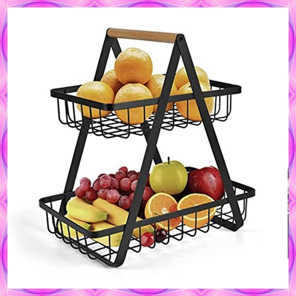 Keranjang Rak Dapur Rak Buah Besi Rak Dapur Besi Kayu Serbaguna Dapur Rak 2 Tingkat Dapur