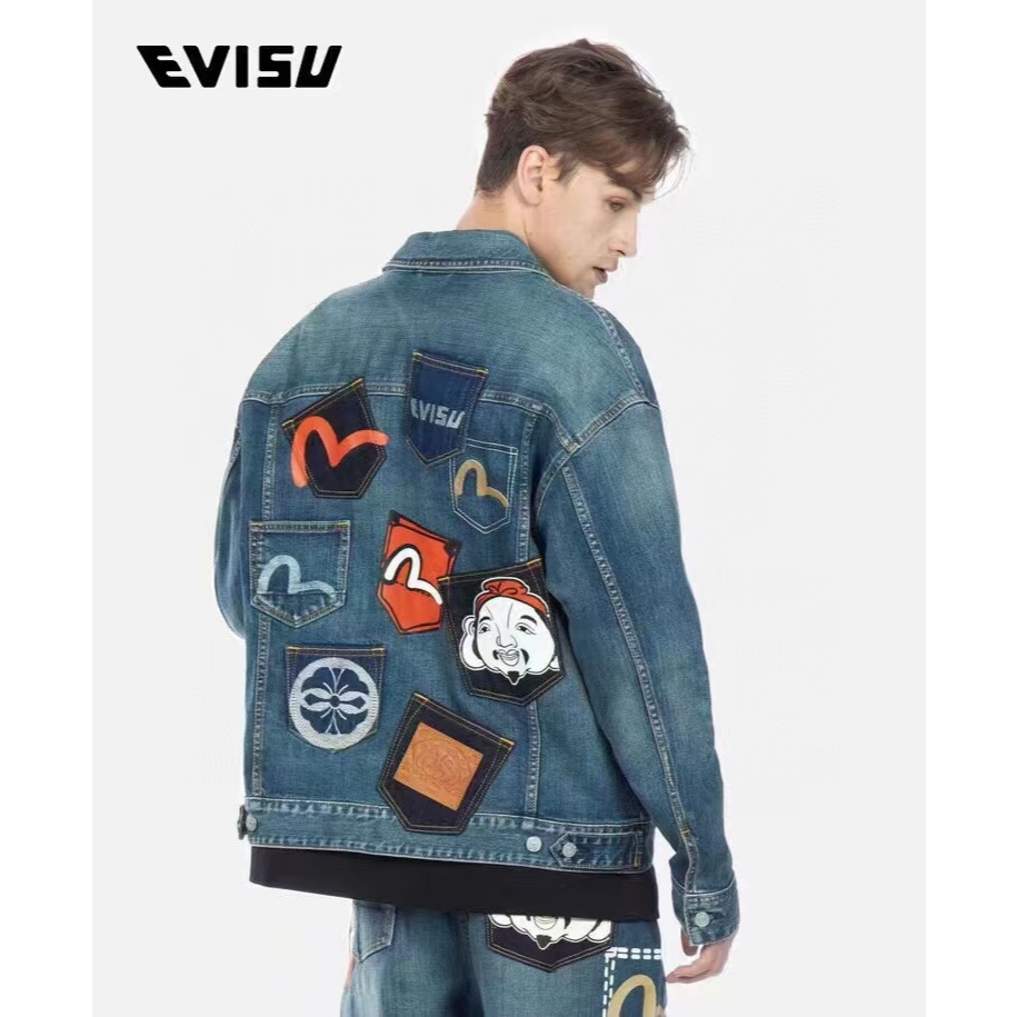 Evisu Fushen 2025 Spring/Summer Men's Multi-Pocket Buddha Head Washed Denim Jacket