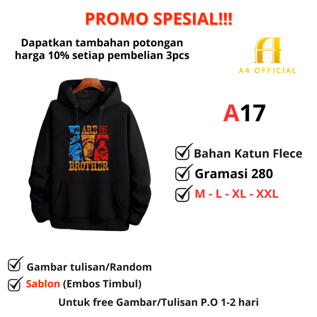Sweater Hoodie Anime One Piece Luffy Jacket Hoodie Anime One Piece Bahan Katun Fleece Gramasi 280 - 
