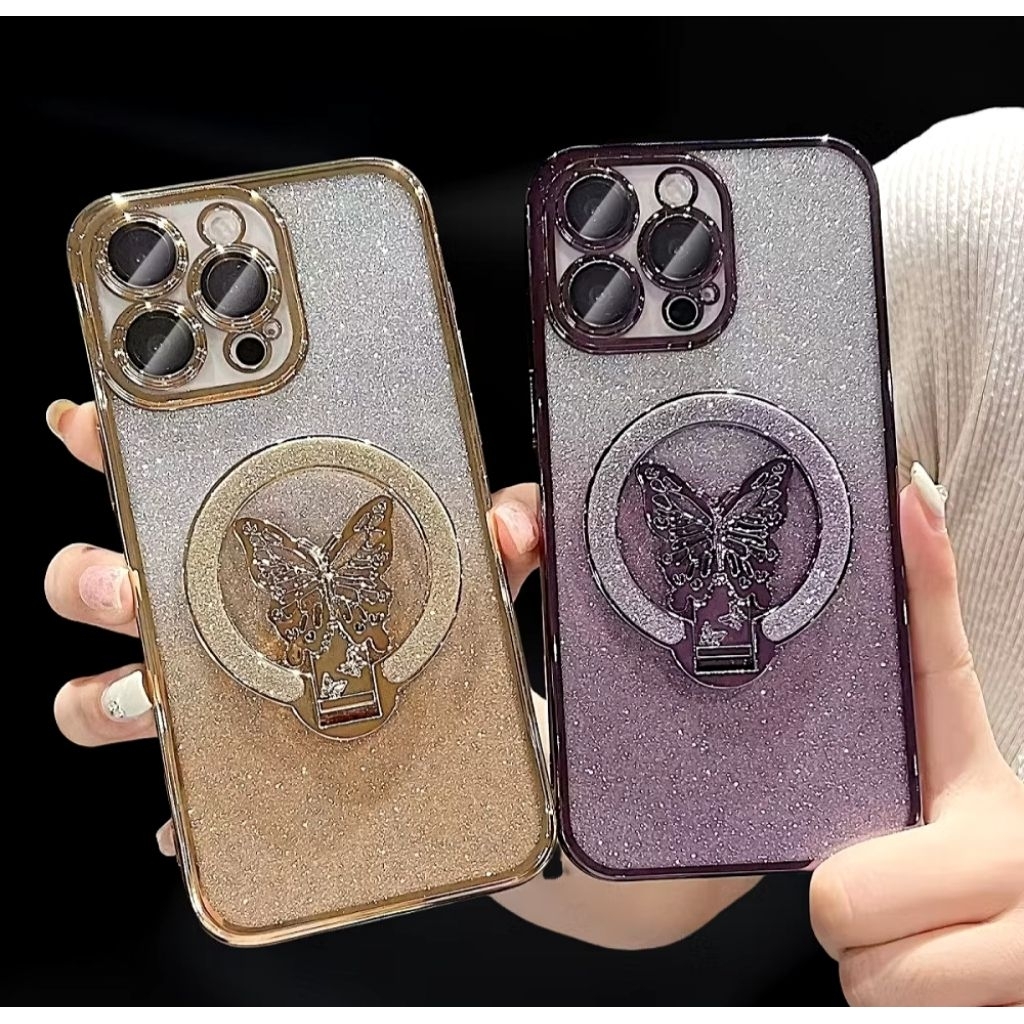 Case Glitter Gradasi Stand Holder kupu-kupu iPhone XR 11 13 14 15